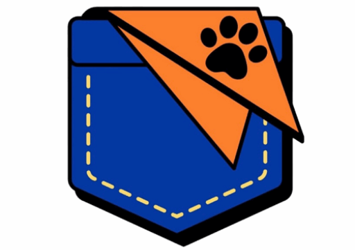 Logo of the European Puppy and Handler Contest featuring a blue back pocket with yellow stitching and an orange handkerchief displaying a black paw print.